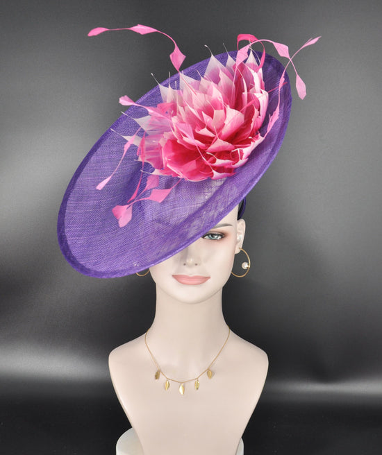 Purple Sinamay Kentucky Derby Hat with Pink Feather Flower