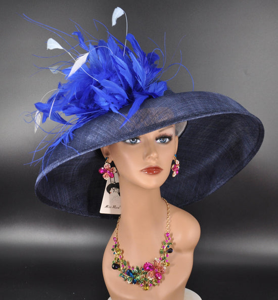 Navy & Royal Blue Wide Brim Sinamay hat, Kentucky derby Hat, Wedding Guest Hat, Tea Party Hat, Ascot Royal Style Hat,Oaks Day Hat