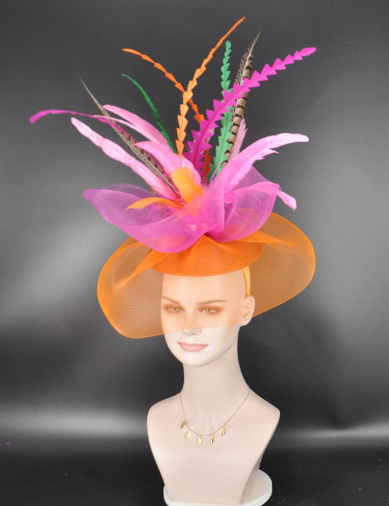 Feather Fascinator Hat: Orange Sinamay DerbyTea Party Hat