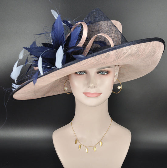 Dusty Pink Navy Blue Feather Flower Wide Brim Sinamay hat, Kentucky derby Hat,Wedding Hat, Tea Party Hat,Ascot Royal Style Hat,Oaks Day Hat