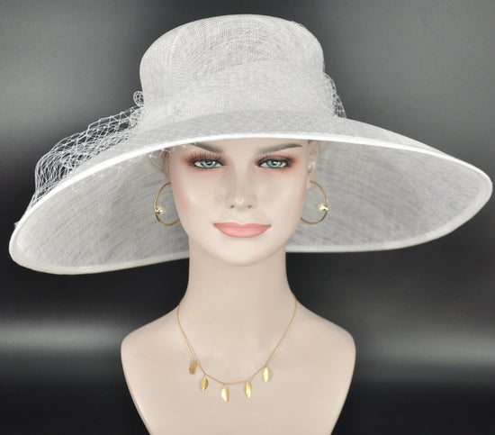 White Sinamay Derby Hat: Wide Brim Netting Bow Ascot Hat