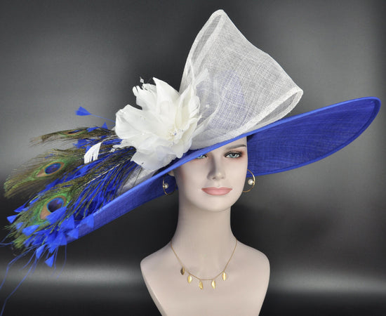 Royal Blue White Feather Flower Wide Brim Sinamay hat, Kentucky derby Hat, Wedding Guest Hat, Tea Party Hat, Ascot Royal Style Hat,Oaks Day