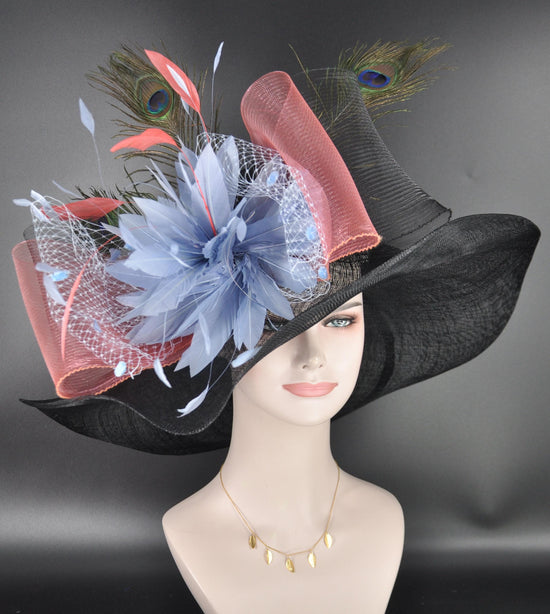 Black Blue Coral Feather Flowers Wide Brim Kentucky Derby Hat,Ascot Hat for Wedding Tea Party, Garden Party Hat,Mother of the Bride, Church