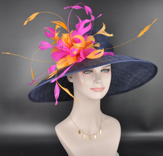 Navy Blue,Fuchsia Pink, Orange Feather Flower Wide Brim Sinamay hat, Kentucky derby Hat, Wedding Guest Hat, Tea Party Hat, Ascot Royal Style