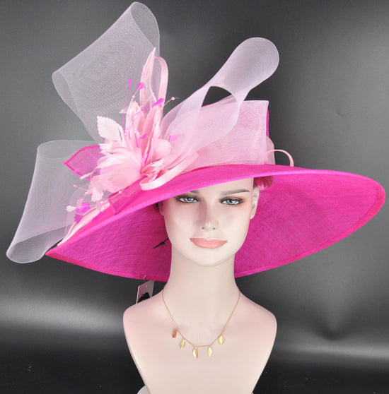 Fuchsia Pink Baby Pink Wide Brim Sinamay Hat,Kentucky Derby Hat, Ascot Royal,Tea Garden Party Hat, Church Hat,Mother of the Bride
