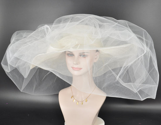 White Hat with Veil Wide Brim Kentucky Derby Hat, Ascot Hat for Wedding & Tea Party, Garden Party Hat, Mother of the Bride, Church