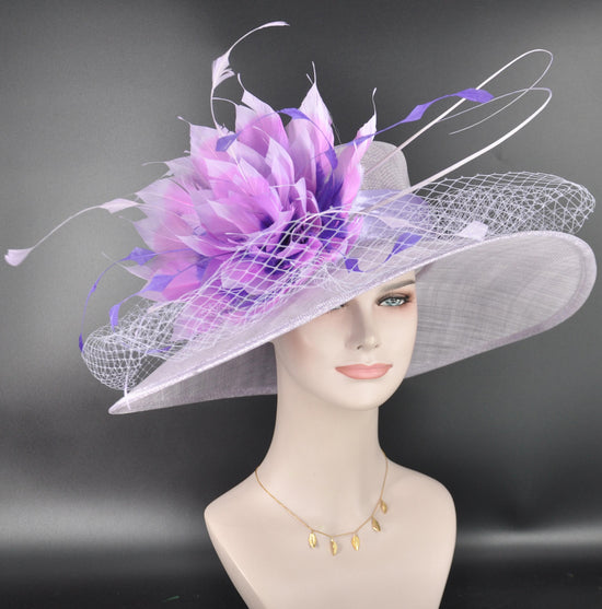 Lilac Lavender Feather Flower Wide Brim Kentucky Derby Hat,Ascot Hat for Wedding & Tea Party, Garden Party Hat, Mother of the Bride, Church