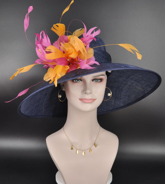 Navy Blue Orange Hot Pink Feather Flower Wide brim Kentucky Derby Hat, Ascort Royal Hat, Tea Party Wedding Party Garden Pary Church Hat