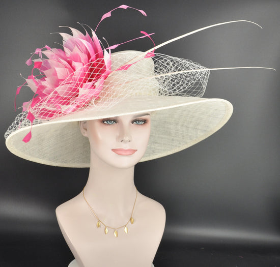 Off White Pink Feather Flower Wide Brim Kentucky Derby Hat,Ascot Hat for Wedding & Tea Party,Garden Party Hat, Mother of the Bride, Church
