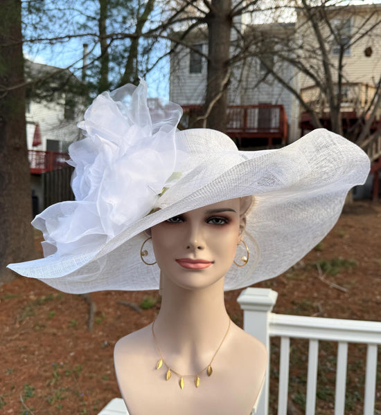 White Silk Flower Wide Brim Sinamay Hat For Kentucky Derby, Ascot Royal ,Tea&Garden Party, Wedding Party, Church
