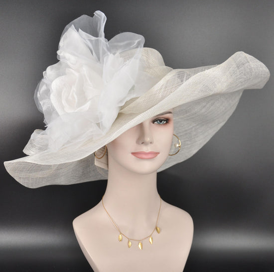 Ivory Jumbo Silk Flower Wide Brim Sinamay Hat For Kentucky Derby, Church, Ascot Royal, Tea&Garden Party, Wedding Party, Race Day