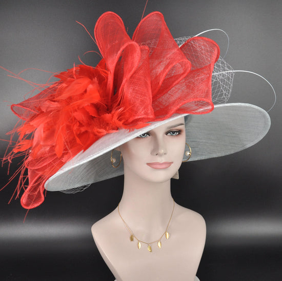 Powder Blue, Red Feather Flower Bow Wide Brim Sinamay Hat For Kentucky Derby, Ascot Royal, Tea&Garden Party, Wedding, Easter Day, Church