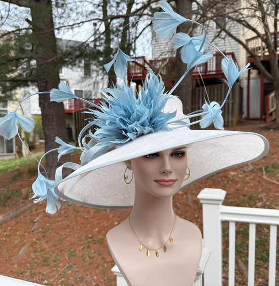 Wide Brim Derby Hat: White & Powder Blue Feathered Ascot Hat