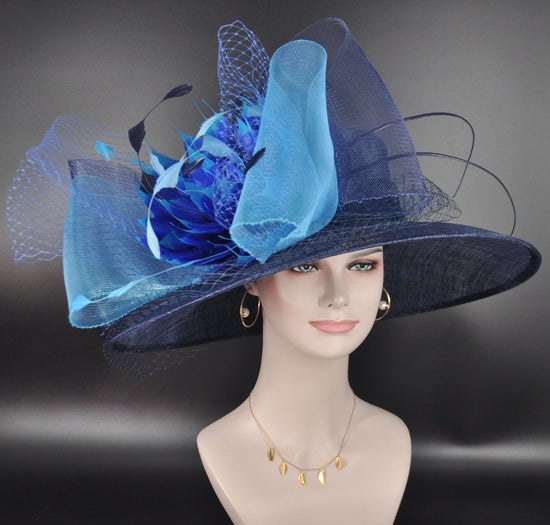 Navy, Teal, and Powder Blue Wide Brim Kentucky Derby Hat, Ascot Hat for Wedding & Tea Party, Garden Party Hat, Mother of the Bride, Church