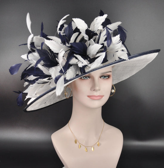 White Navy Blue Feather Flower Wide Brim Kentucky Derby Hat, Ascot Hat for Wedding Tea Party, Garden Party Hat, Mother of the Bride, Church