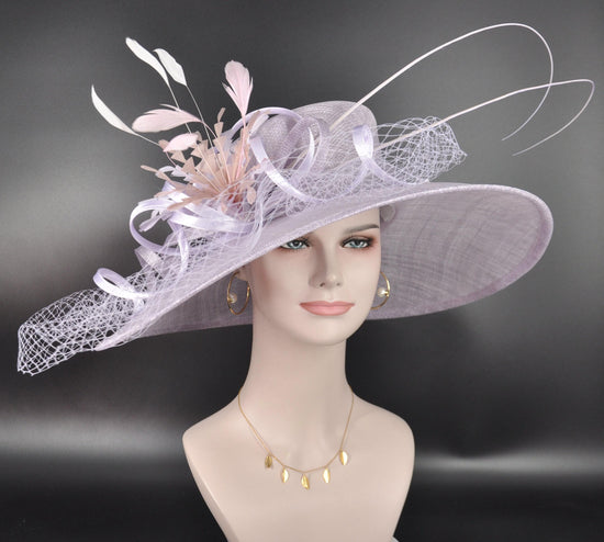 Lilac Feather Flower Wide Brim Sinamay Hat for Kentucky Derby, Ascot Racing Hat, Elegant Wedding Guest Hat, Mother of the Bride Hat