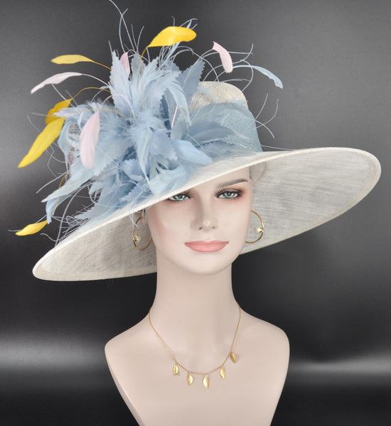 White Powder Blue Feather Flower Wide Brim Kentucky Derby Hat,Ascot Hat for Wedding Tea Party, Garden Party Hat, Mother of the Bride, Church