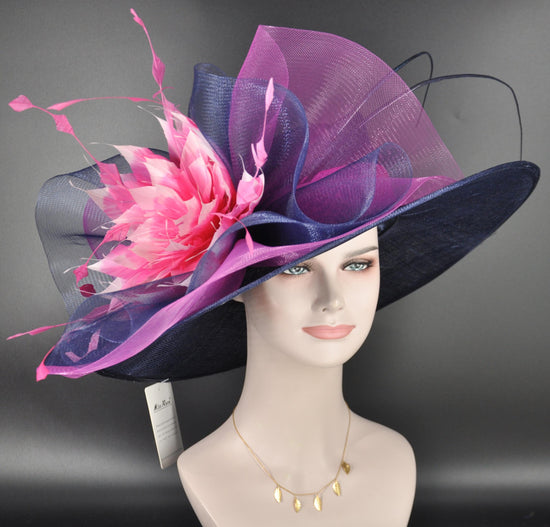 Navy Blue Mix Pink Flower Wide Brim Kentucky Derby Hat,Ascot Hat for Wedding & Tea Party, Garden Party Hat, Mother of the Bride, Church