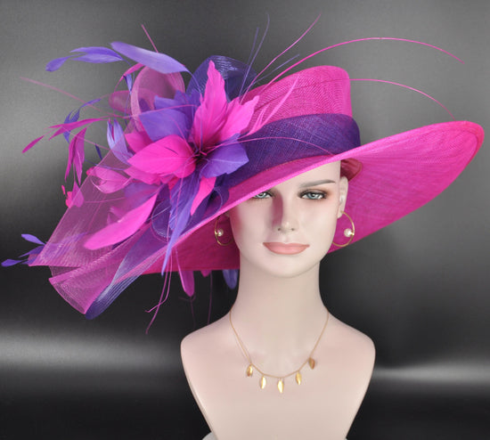 Fuchsia Pink Purple Wide Brim Kentucky Derby Hat, Ascot Hat for Wedding & Tea Party, Garden Party Hat, Mother of the Bride, Church