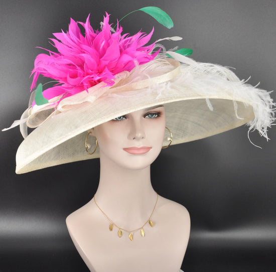 Ivory, Fuchsia Feather Flower Wide Brim Kentucky Derby Hat, Ascot Hat for Wedding & Tea Party, Garden Party Hat, Mother of the Bride,Church