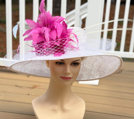 Wide Brim Sinamay Derby Hat: Hot Pink Feather Church Hat
