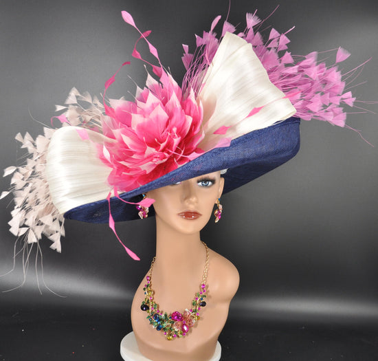 Wide Brim Kentucky Derby Hat, Ascot Hat for Wedding & Tea Party, Garden Party Hat, Mother of the Bride, Church Navy Blue Ivory Mutli Pink