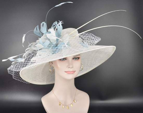White Powder Blue Wide Brim Kentucky Derby Hat, Ascot Hat for Wedding & Tea Party, Garden Party Hat, Mother of the Bride,Church