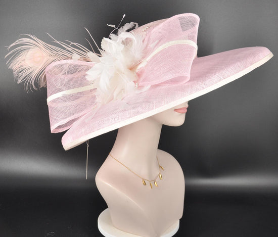 Baby Pink Ivory Wide Brim Kentucky Derby Hat, Ascot Hat for Wedding & Tea Party, Garden Party Hat, Mother of the Bride, Church