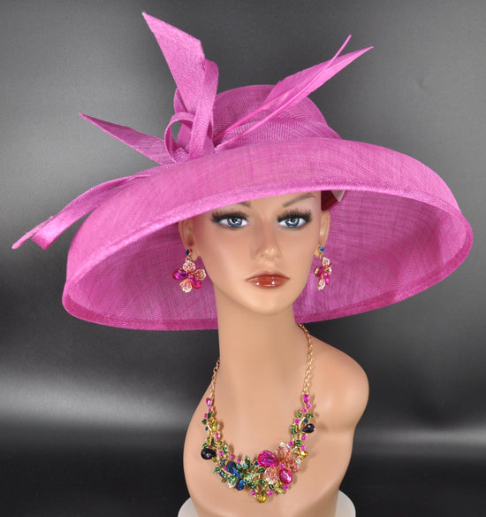 Fuchsia Sinamay Dome Hat: Wide Brim DerbyTea Party Hat