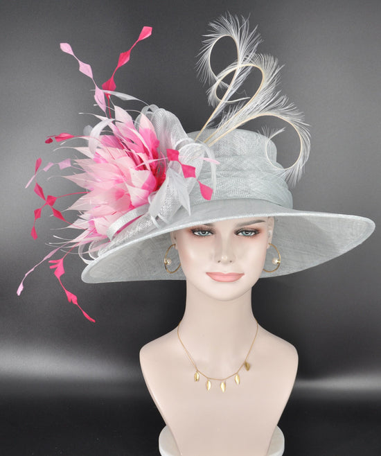 Wide Brim Sinamay Hat for Kentucky Derby,Church,Ascot Royal, Wedding, Tea&Garden,Mother of The Bride Powder Blue Pink