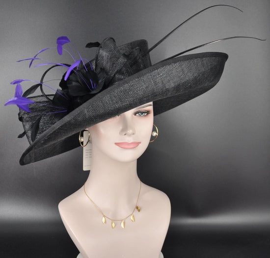 Black Purple Feather Wide Brim Sinamay Hat For Kentucky Derby, Church, Ascot Royal, Tea&Garden Party, Wedding, Mother of the Bride,Carriage