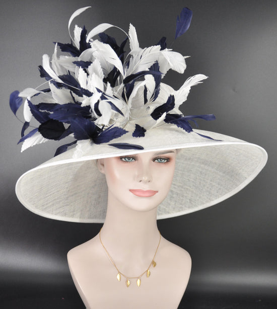 Wide Brim Kentucky Derby Hat, Ascot Hat for Wedding & Tea Party, Garden Party Hat, Mother of the Bride, Church White w Navy Blue