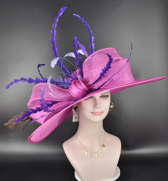 Wide Brim Kentucky Derby Hat, Ascot Hat for Wedding & Tea Party, Garden Party Hat, Mother of the Bride, Church Fuchsia/Hot Pink Purple