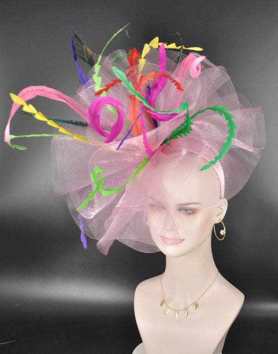 DerbyFascinator Hat: Pink, Green, Yellow Peacock Feathers