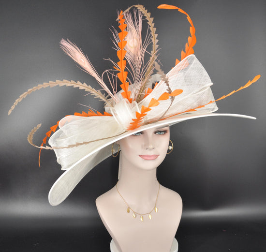 White Orange Pink Jumbo Bow Wide Brim Kentucky Derby Hat,Ascot Hat for Wedding & Tea Party, Garden Party Hat, Mother of the Bride, Church