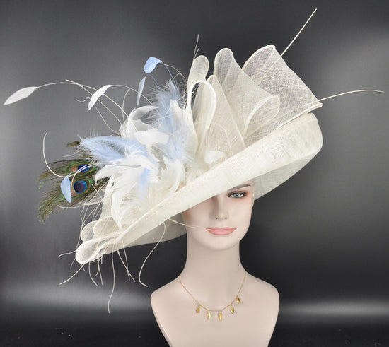 White Blue Feather Flower Wide Brim Kentucky Derby Hat,Ascot Hat for Wedding & Tea Party, Garden Party Hat, Mother of the Bride, Church