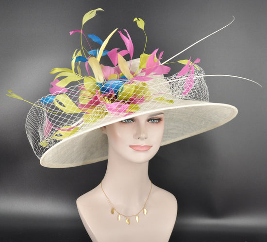 Off white Ivory Blue Green Pink Wide Brim Kentucky Derby Hat,Ascot Hat for Wedding Tea Party, Garden Party Hat, Mother of the Bride, Church