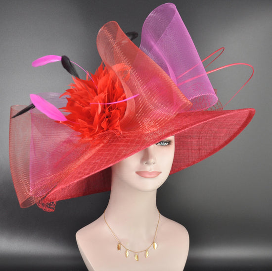 Wide Brim Kentucky Derby Hat Ascot Hat for Wedding & Tea Party, Garden Party Hat, Mother of the Bride, Church Red Hot Pink Black