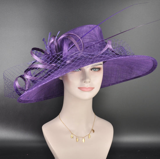 Wide Brim Kentucky Derby Hat, Ascot Hat for Wedding & Tea Party, Garden Party Hat, Mother of the Bride, Church-Purple