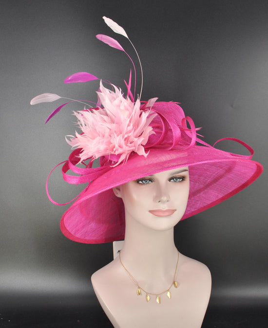 Fuchsia Pink Feather Flower Wide Brim Kentucky Derby Hat,Ascot Hat for Wedding & Tea Party, Garden Party Hat, Mother of the Bride, Church