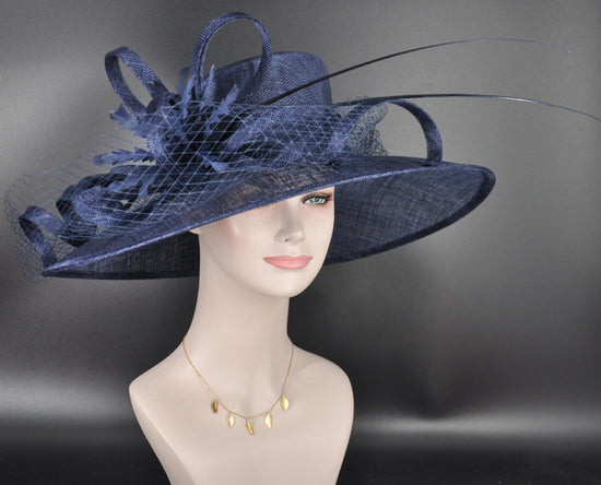Navy Blue Wide Brim Kentucky Derby Hat,Ascot Hat for Wedding & Tea Party, Garden Party Hat, Mother of the Bride, Church