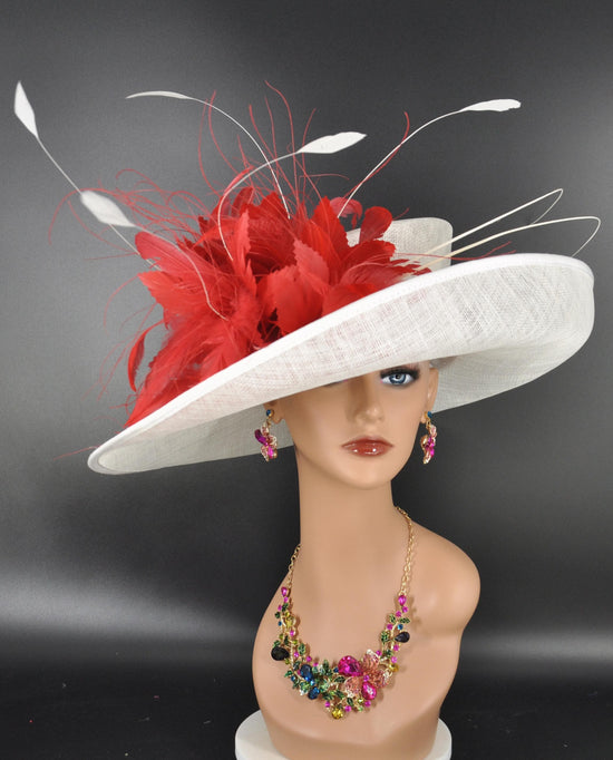 White Red Flower Wide Brim Kentucky Derby Hat,Ascot Hat for Wedding & Tea Party, Garden Party Hat, Mother of the Bride, Church