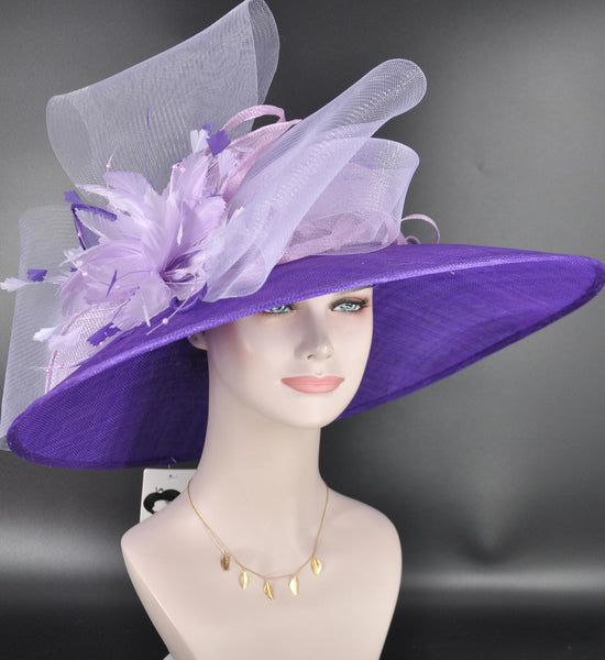Purple Lilac Feather Crin Ribbon Style Wide Brim Sinamay Hat for Kentucky Derby,Ascot Racing Hat, Wedding Guest Hat, Mother of the Bride Hat