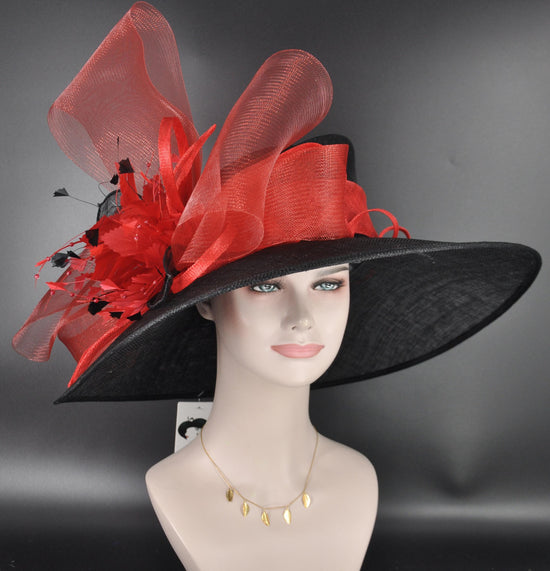 Black Red Feather Crin Ribbon Style Wide Brim Sinamay Hat for Kentucky Derby, Ascot Racing Hat, Wedding Guest Hat, Mother of the Bride Hat