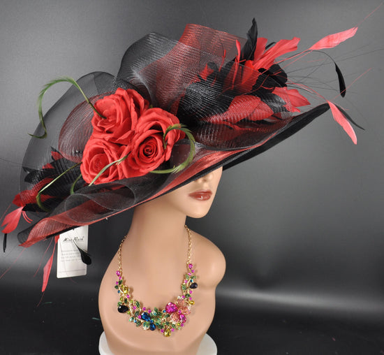 Black with Red Rose Wide Brim Kentucky Derby Hat,Ascot Hat for Wedding & Tea Party, Garden Party Hat, Mother of the Bride, Church