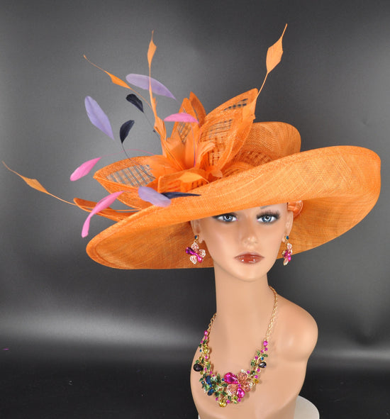 Orange Lavender Black Wide Brim Kentucky Derby Hat,Ascot Hat for Wedding & Tea Party, Garden Party Hat, Mother of the Bride, Church