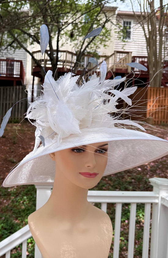 Wide Brim Kentucky Derby Hat, Ascot Hat for Wedding & Tea Party, Garden Party Hat, Mother of the Bride, Church White w Blue