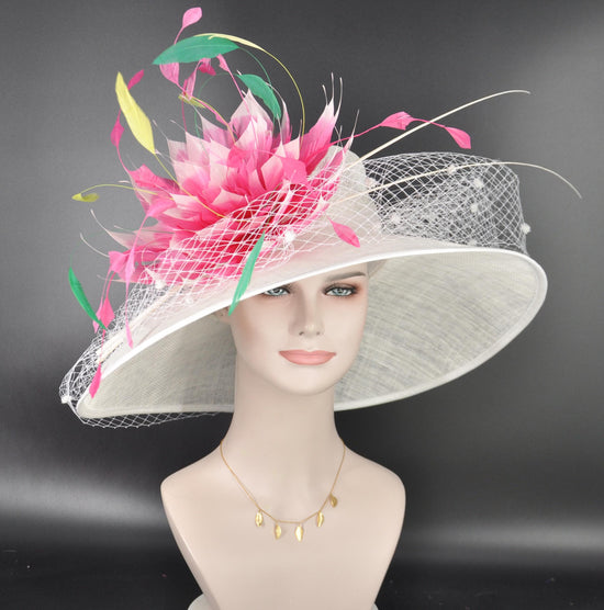 Wide Brim Kentucky Derby Hat, Ascot Hat for Wedding & Tea Party, Garden Party Hat, Mother of the Bride, Church White Pink Green Yellow