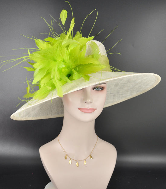 Ivory Lime Green Feather Flower Wide Brim Kentucky Derby Hat,Ascot Hat for Wedding &Tea Party, Garden Party Hat, Mother of the Bride, Church