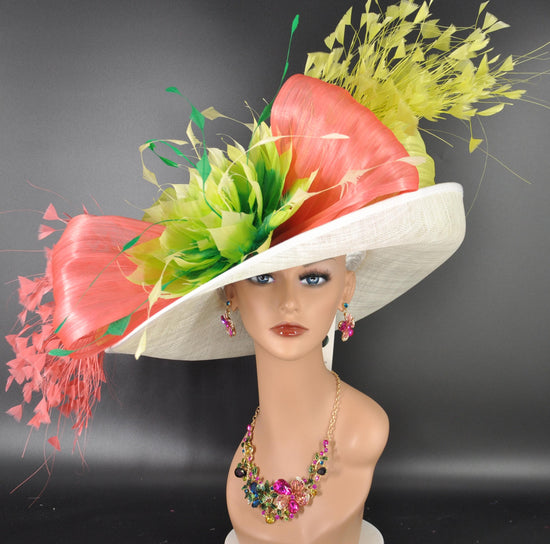 Ivory Coral Pink Lime Green Wide Brim Kentucky Derby Hat, Ascot Hat for Wedding & Tea Party, Garden Party Hat, Mother of the Bride, Church